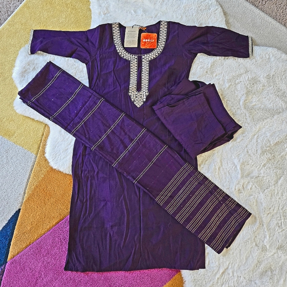 Kurta top +pants+dupatta shawl set in deep purple L